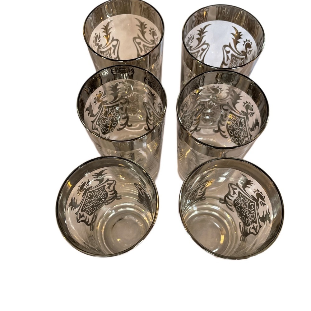 Vintage Kimiko Bar Glasses Silver Guardian Shield Tall Tumblers MCM Set of 6, 8”